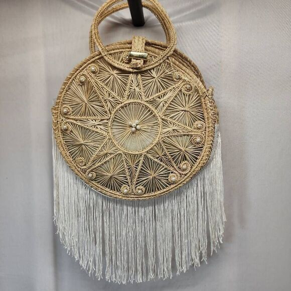 ARECA WICKER UNIQUE CIRCLE BAG W/ CIRCLE HANDLES TROPICAL TOURIST PURSE - Picture 1 of 9